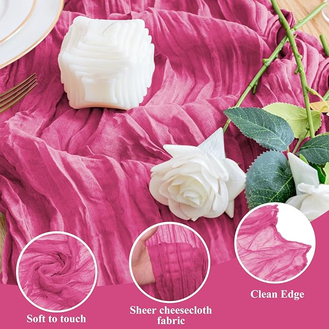 Wokceer Cheesecloth Table Runner 3Pack 10FT Deep Pink Boho Gauze Fall Thanksgiving Cheese Cloth Table Runner for Party Long Rustic Sheer Table Runners for Baby Bridal Shower Wedding Easter Table Decor