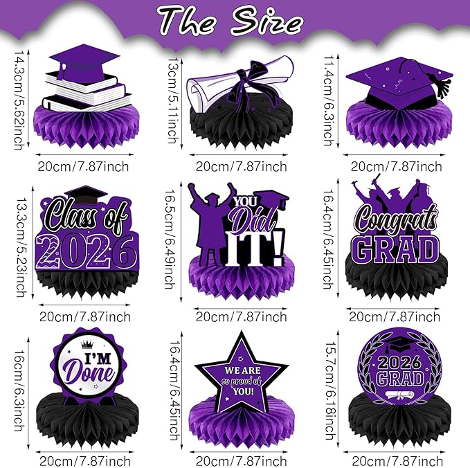 Yisong 9 Pieces 2026 Graduation Party Table Decorations Class of 2026 Congrats Graduation Centerpieces for Tables Congratulate Honeycomb Centerpiece Topper for Grad Party Supplies (Purple)