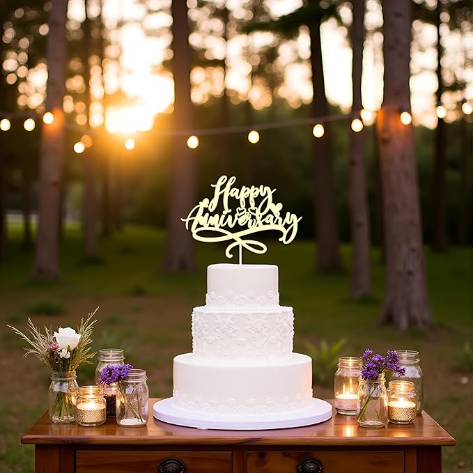 Happy Anniversary Cake Topper, celebrate Company Wedding Birthday Party Decoration Gold Glitter(Anniversary)