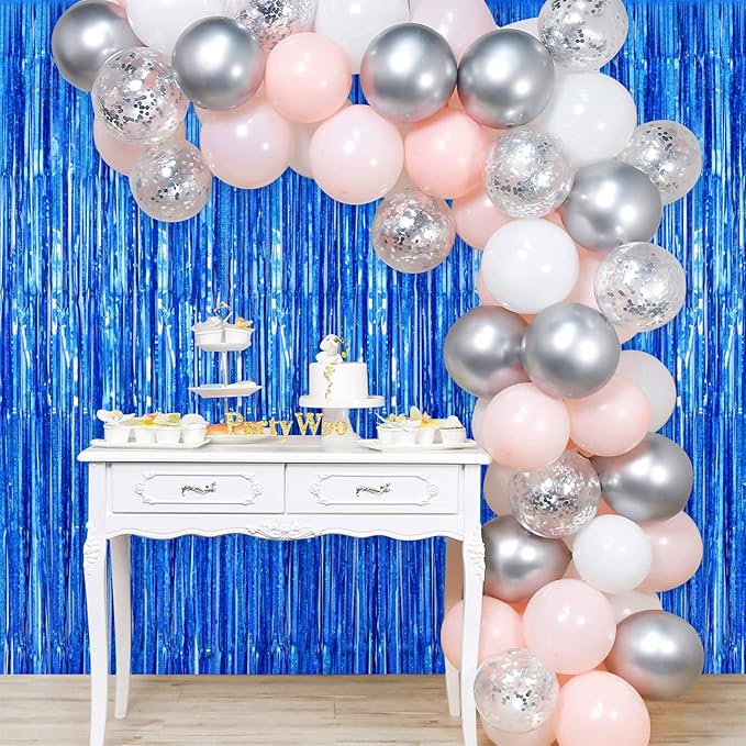 Blue Tinsel Foil Fringe Curtain Backdrop, 3.3 x 8.2 ft Metallic Glitter Curtain Streamers, 2 Pack Royal Blue Photoboth for Birthday Ocean Sea Party Decorations