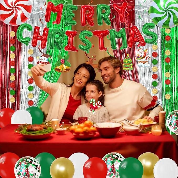 102 PCS Christmas Party Decorations Kits,Merry Christmas Foil Balloons,Xmas Photo Booth Prop, Red Green Latex Balloons,Hanging Swirl,Fringe Curtain for Xmas Decorations Indoor Home Decor