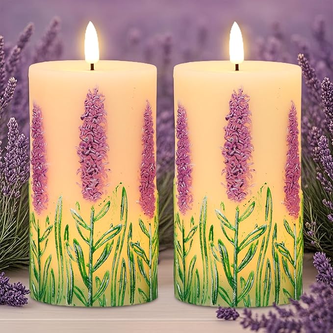 Lavender LED Candles with 6H Timer, flameless Candles with Flickering Flame, Waxy Pillar 2 Pack Flickering Unscented Home Holiday Decoration (3 inches x 6.5 inches)