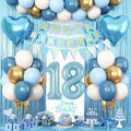 18th Birthday Decorations Blue White Gold,18th Birthday Balloons with Happy Birthday Banner Fringe Curtain Heart Foil Balloons for Boys Girls 18 Year Old Birthday Decor