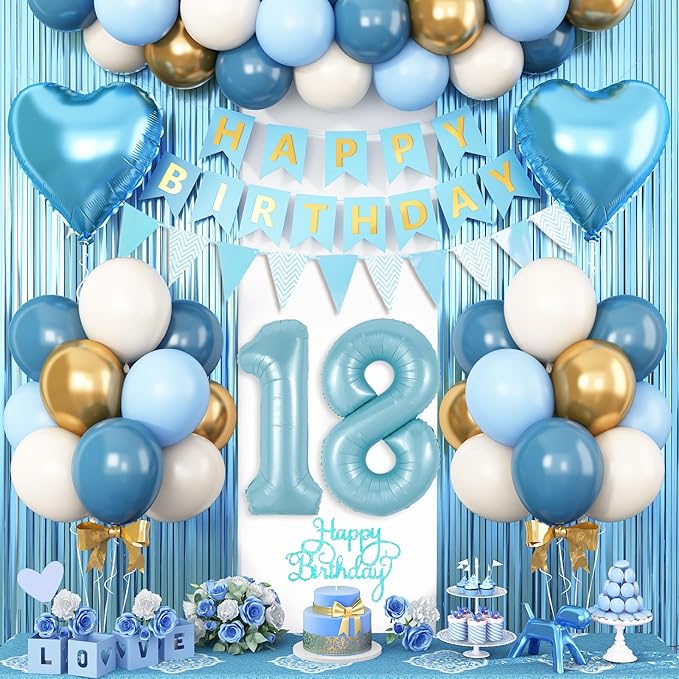 18th Birthday Decorations Blue White Gold,18th Birthday Balloons with Happy Birthday Banner Fringe Curtain Heart Foil Balloons for Boys Girls 18 Year Old Birthday Decor