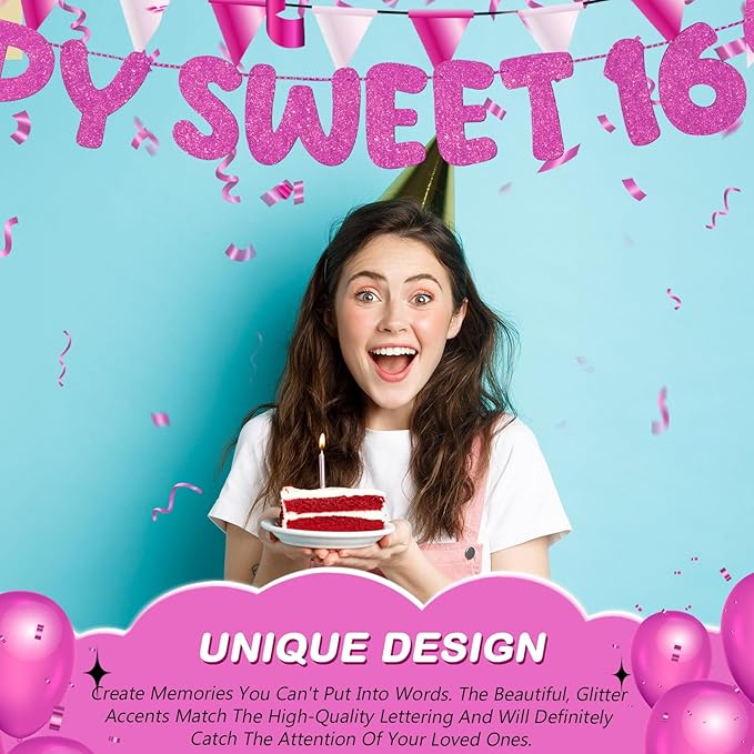 Fulmoon Pre Strung Happy Sweet 16 Banner Glitter Sixteenth Birthday Party Decorations 16th Party Sign Sweet 16 Party Decorations for Birthday Party Bachelorette Party(Hot Pink)