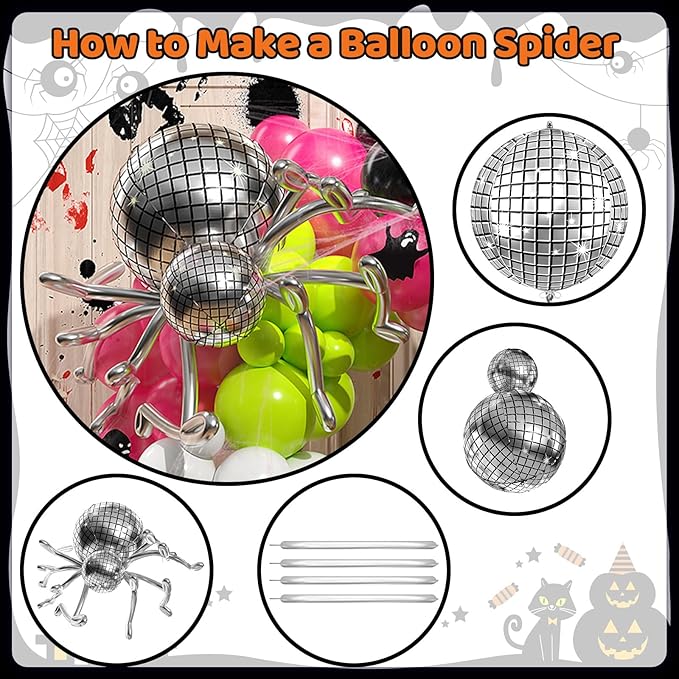 Halloween Balloons Arch Kit, Black Green Hot Pink Balloon Garland Kit with 4D Disco Spider Balloon, Black Pink White Metallic Silver Long Balloons for Halloween Birthday Home Garden Party Decorations