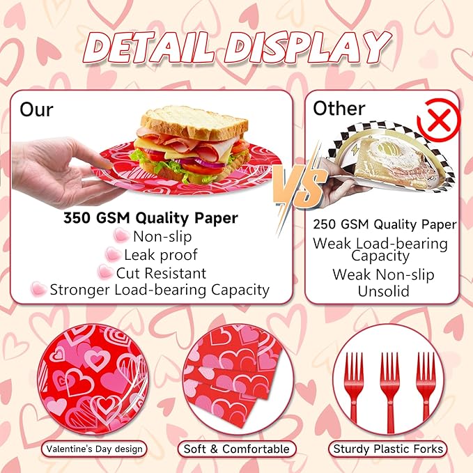 96 Pieces Valentines Day Plates and Napkins Tableware Set, Red Pink Heart Love Disposable Dinnerware with Paper Plates Napkins and Forks for Valentine Day Wedding Anniversary Party Favors - Serves 24
