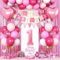 1st Birthday Decorations for Girls,Hot Pink Birthday Balloons with Happy Birthday Banner Fringe Curtain Heart Foil Balloons for 1 Year Old Kids Birthday Decor