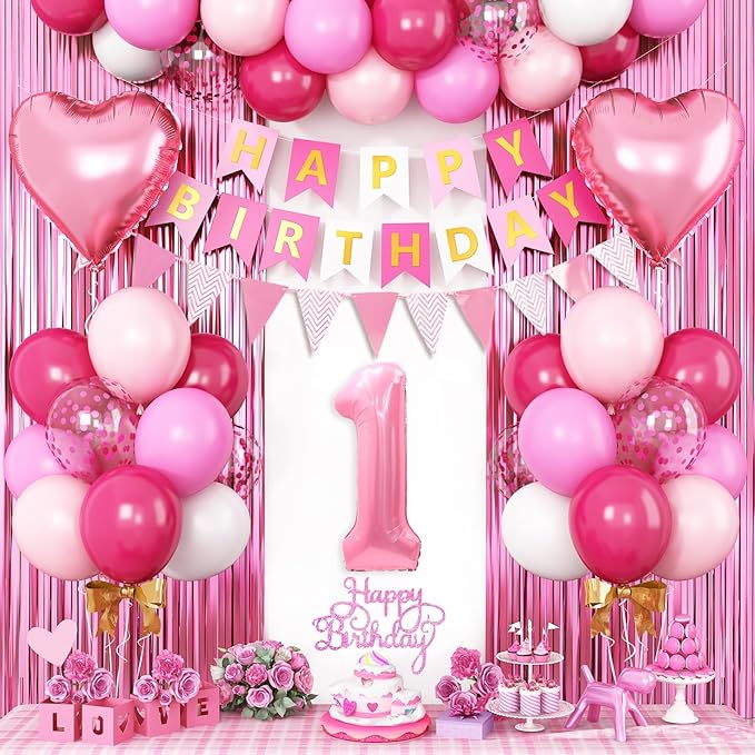 1st Birthday Decorations for Girls,Hot Pink Birthday Balloons with Happy Birthday Banner Fringe Curtain Heart Foil Balloons for 1 Year Old Kids Birthday Decor