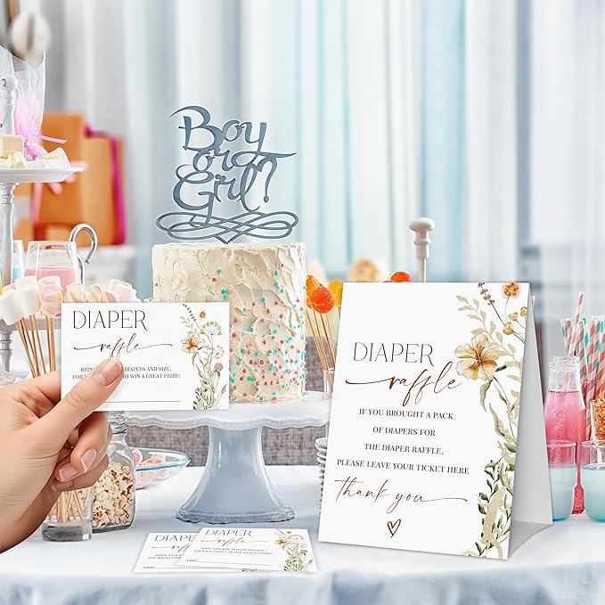Boho Floral Diaper Raffle Game, Diaper Raffle Tickets for Baby Shower, Gender Neutral Tickets for Baby Shower Party Favor Decorations Supplies (1 Sign + 50 Cards)