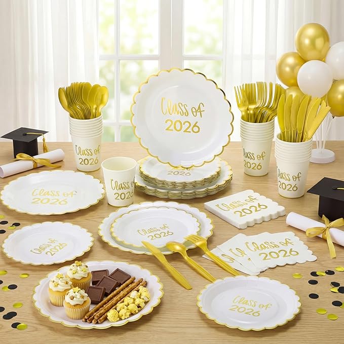 Class of 2026 Graduation Party Supplies, 175 Pcs Congrats Grad Paper Plates Napkins and Cups Cutlery Disposable Tableware Set for College High School Congrats Decorations, Serves 25 (Gold)