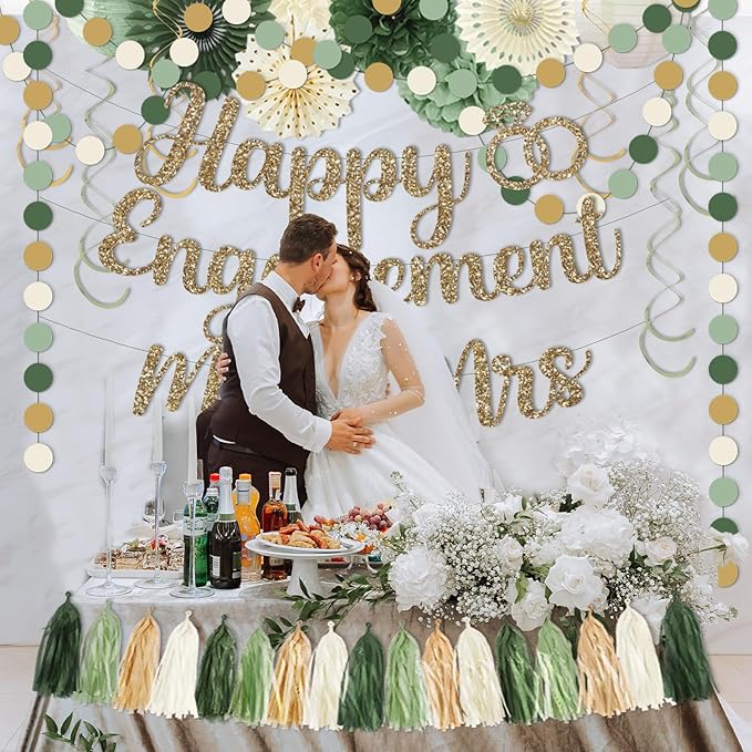 Engagement Party Decorations,Green Sage Congratulations Decorations includes Gold Glitter Happy Engagement Banner for Just Engaged Almost Married Party, Bachelorette Party Decorations