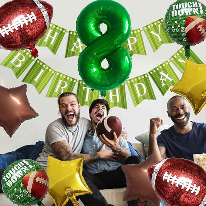 Football Balloons Foil Football Birthday Decorations Balloons Green Number 8 Balloon Gold Brown Star Touchdown Ballons for Rugby Birthday Decorations Sports Ballons Arch Kits Party Balloon Sets 9pcs