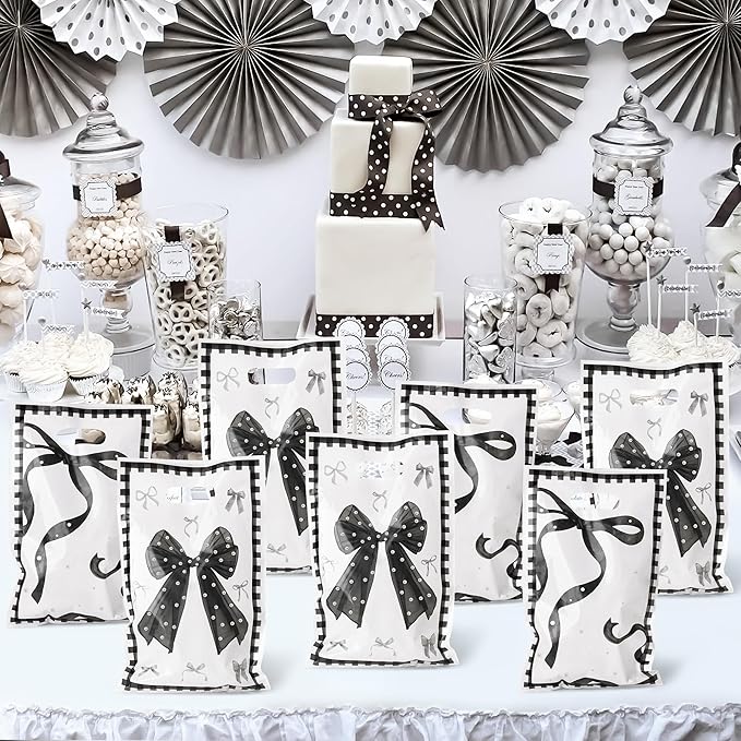 Black Bow Party Favor Bags - 50Pcs Black Bow Knot Goody Candy Treat Gifts Bags, Trendy Preppy Girls Theme Party Decorations for Women Girls Birthday Wedding Bridal Shower Bachelorette