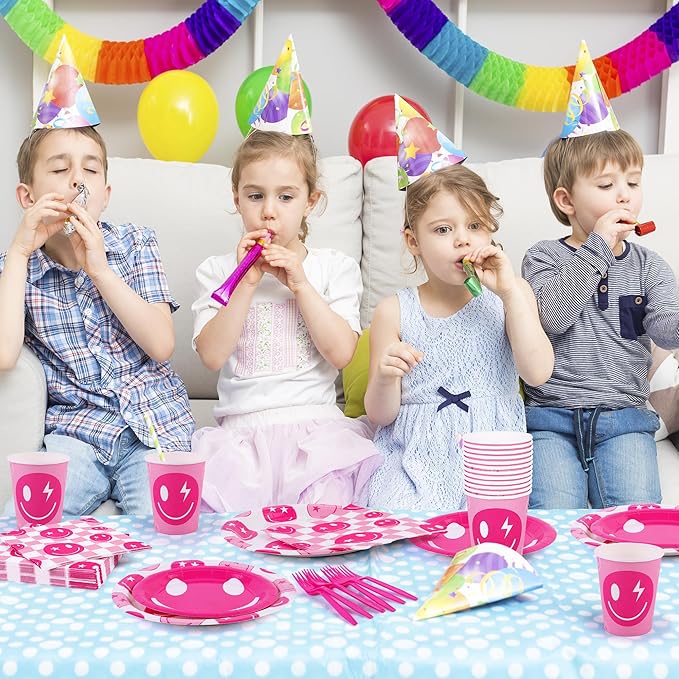 durony 144 Pieces Preppy Birthday Decorations Pink Smile Face Tableware Set Preppy Smile Plates Cups Napkin and Forks for Bachelorette Smiley Face Birthday Party Supplies