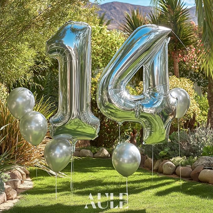 AULE 40 Inch Big Silver 4 Balloon Number Large Foil Helium Number Balloons 0-9 Jumbo Giant Happy 4th Birthday Party Decorations for Boy or Girl Huge Mylar Anniversary Party Supplies