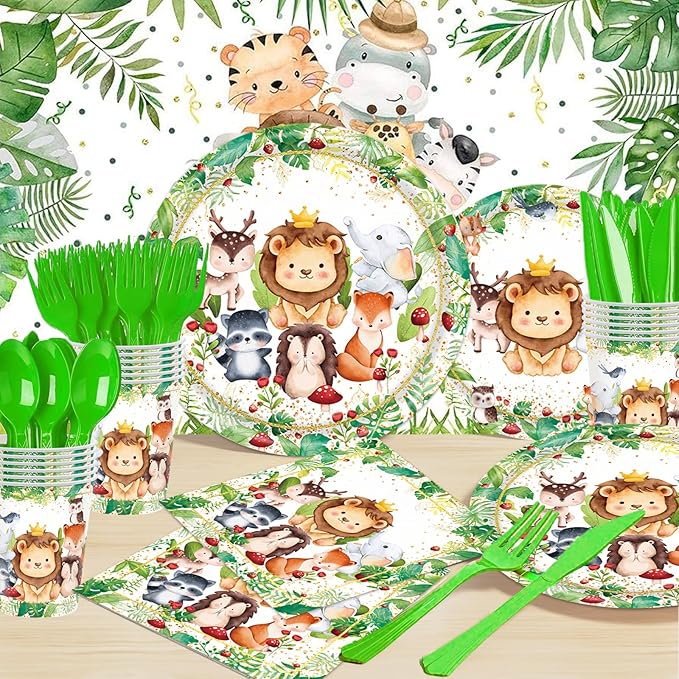 Jungle Animals Party Decorations - 175 Pcs Safari Animal Baby Shower Plates and Napkins, Wild Animals Theme Disposable Tableware Set for Baby Shower Zoo Birthday Party Supplies Favors, Serves 25