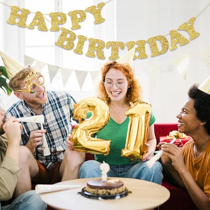 Glitter Gold Happy Birthday Banner Birthday Party Decorations Sign Garland Bunting Banner for Wall Decor Party Background for Kids Boys Girls Adults