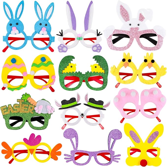 MGparty Easter Party Glasses Frame 12PCS Easter Bunny Ears Chick Eggs Glasses Easter Party Decoration Supplies Easter Photo Booth Basket Stuffers for Kids and Adults