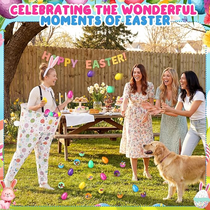 Vinsot 16 Pcs Easter Granny Pants Yard Game Set Oversized Granny Pants with Colorful Easter Eggs, Bowtie, Bunny Ears and Tail, Outdoor Tossing Game Bunny Suit for Spring