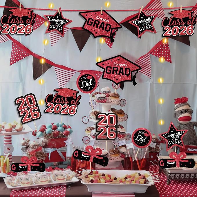 Graduation Decorations Class of 2026-30pcs Red and Black Graduation Table Centerpieces Sticks Table Toppers with Lights for College High School Congrats Grad Party Supplies