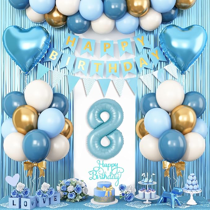 8th Birthday Decorations Blue White Gold,8th Birthday Balloons with Happy Birthday Banner Fringe Curtain Heart Foil Balloons for Boys Girls 8 Year Old Birthday Decor