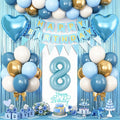 8th Birthday Decorations Blue White Gold,8th Birthday Balloons with Happy Birthday Banner Fringe Curtain Heart Foil Balloons for Boys Girls 8 Year Old Birthday Decor