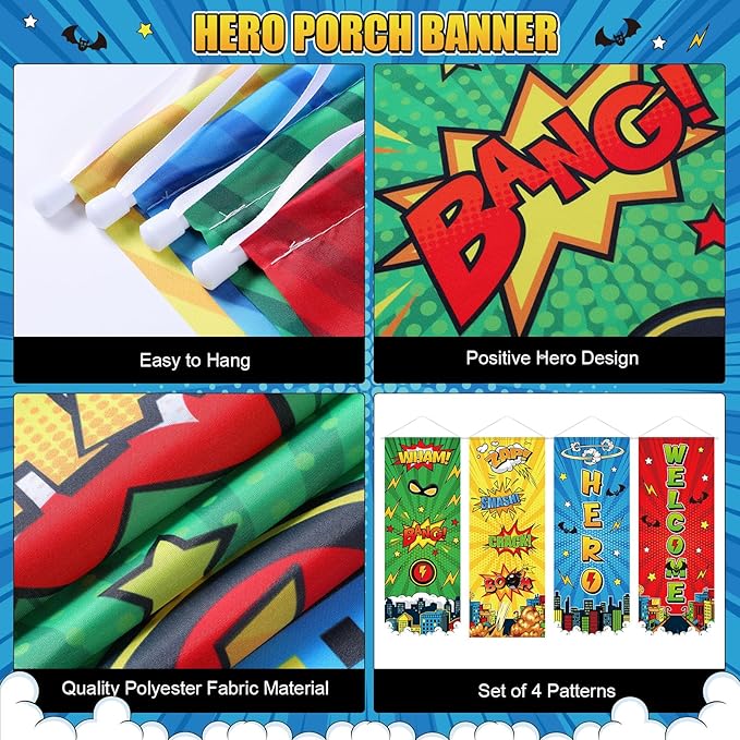 Panelee 4 Pcs Hero Theme Party Banners Hero Party Decorations City Comic Skyline Porch Sign Hanging Door Banner for Cityscape Birthday Backdrop Supplies