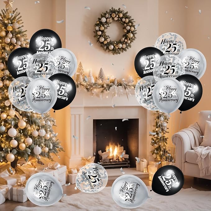25th Anniversary Balloons 18Pcs Black Silver Party Decorations for Women Men - 12Inch Happy Confetti Latex Balloons for Indoor Outdoor Party Supplies