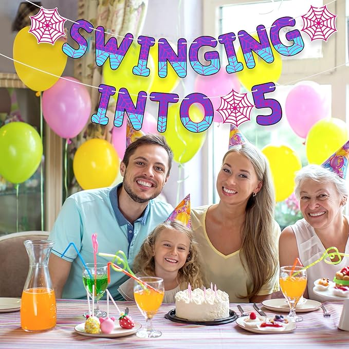 TaoBary Spider Theme 5th Birthday Banner, Pre-strung Swinging into 5 Banner, Spider 5th Birthday Decorations Party Supplies for Kids, Fifth Decor for 5 Year Old Boys Girls(Pink and Purple)