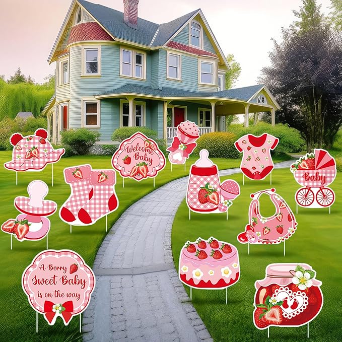 Amyhill 12 Pcs Strawberry First Birthday Yard Signs with Stakes Outdoor Strawberry Garden Decorations Waterproof Outdoor Decoration for Baby Shower Patio Lawn Walkway Birthday Party Decorations