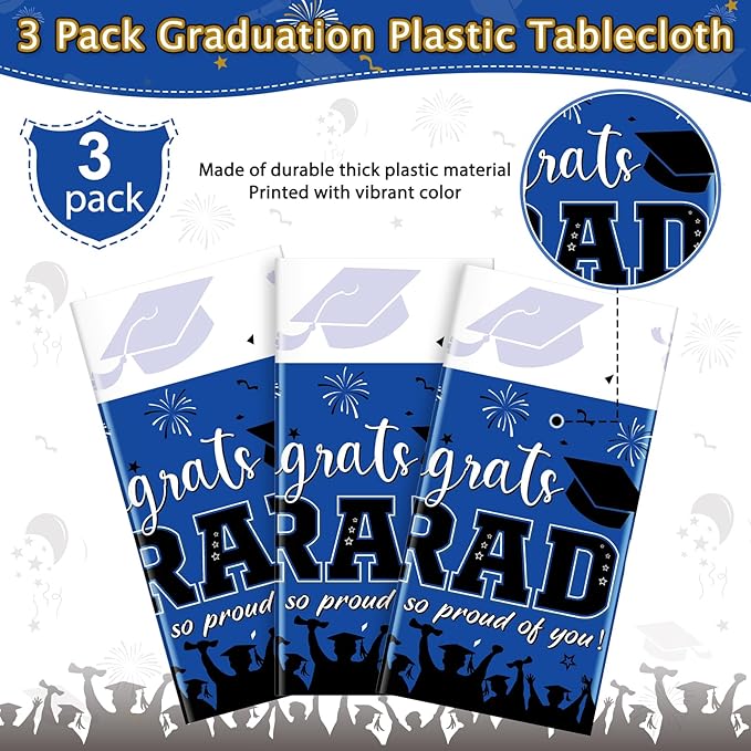 3 Pack Graduation Tablecloth Party Decorations, Class of 2026 Congrats Grad Plastic Tablecover Party Supplies, Blue Rectangle Graduation Table Decorations for College High School Party, 54 x 108 Inch
