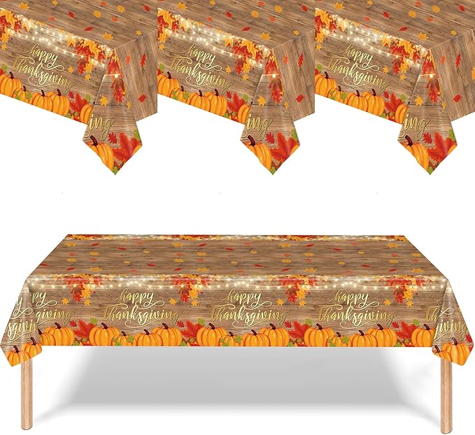 Thanksgiving Disposable Tablecloth, 54 x 108 Inch Rectangle Waterproof Plastic Fall Theme Tablecloth for Harvest Party Table Decoration (Pumpkin 3 Pack)