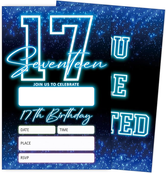 SIXEIGHT Blue 17th Birthday Invitations for Boys, Neon Glow Party Invitations for Girls Kids, 20 Pack Double Sided Invite Cards with Envelopes, 17th Glow Neon Birthday Party Decorations, 4x6 Inch-C50