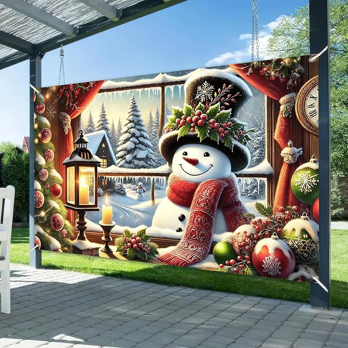 Christmas Snowman Banner Backdrop Poster Winter Scene with Snowman Holiday Photo Booth Wall Hanging Decoration 71×43 Inch