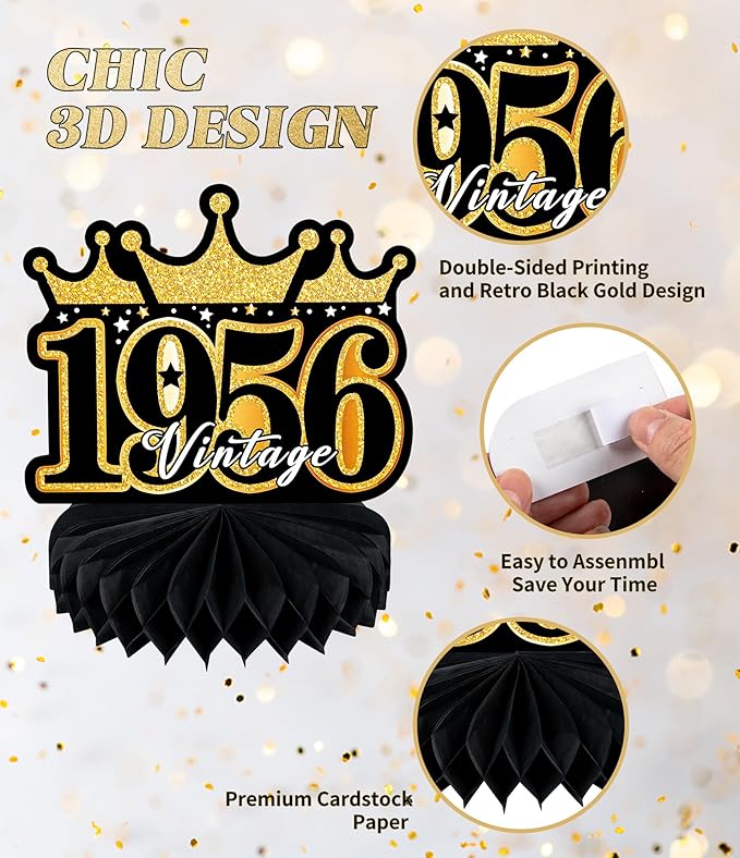 9 Pcs 70th Birthday Decoration for Men Women Happy 70th Birthday Honeycomb Centerpieces 70th Birthday Table Decorations Black and Gold Cheers to 70 Years Decor Birthday Party Favors