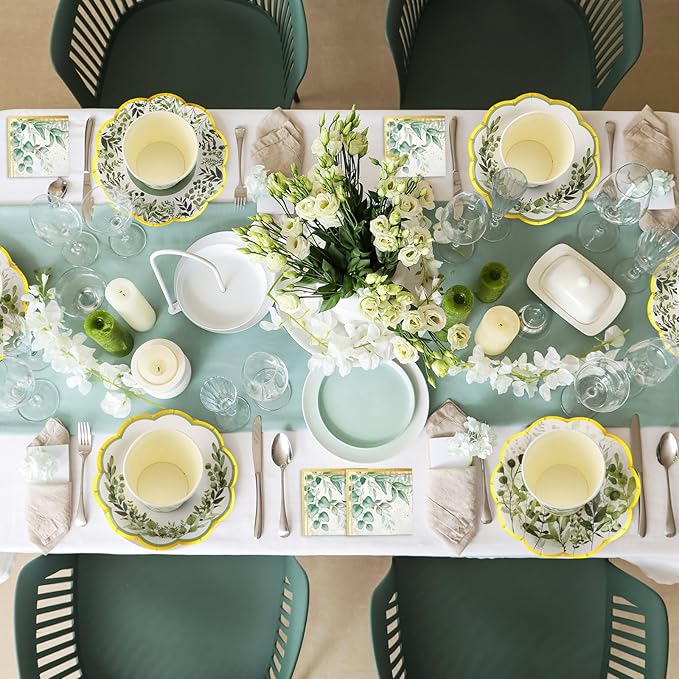Yungyan 216 Pcs 72 Guests Greenery Plates and Napkins Party Supplies Sage Green and Gold Scalloped Disposable Eucalyptus Paper 6" Plates, Napkins and 9 oz Cups Set for Baby Shower Wedding Decoration