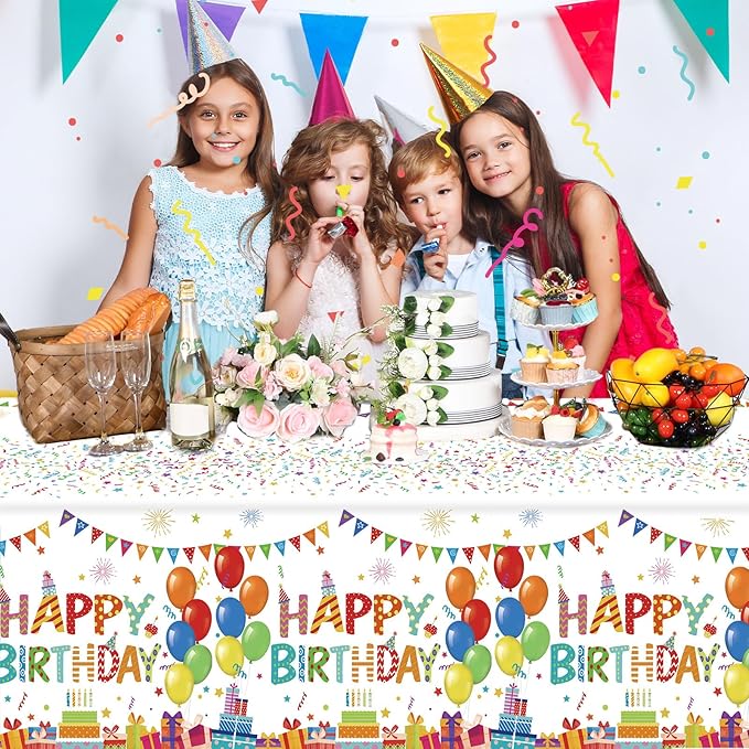 4 Pcs Happy Birthday Tablecloth 54'' x 108'' Disposable Birthday Table Cover Plastic Colorful Balloons for Kid Boy Girl Party Decoration Supplies(White)
