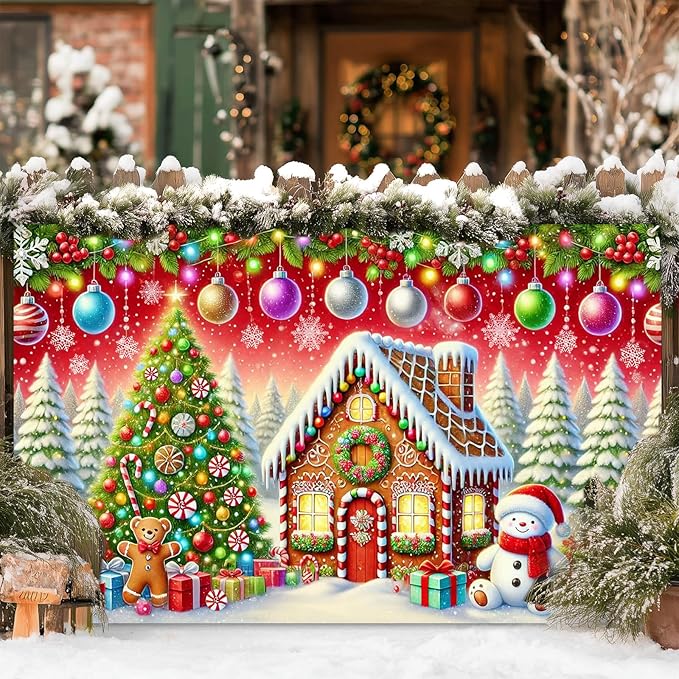 Gingerbread House Backdrop 71x43 Inches Christmas Tree Scene Banner Holiday Party Decoration Merry Christmas Backdrop for Photography Indoor Outdoor Gingerbread Christmas Background