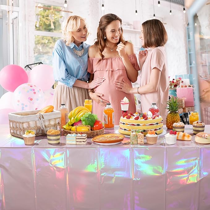 3 Pack Iridescent Light Pink Tablecloth for Parties, Pastel Pink Holographic Plastic Table Cover, Disposable Laser Baby Pink Table Cloth for Birthday Wedding Baby Shower Party Decorations, 54x108 Inch