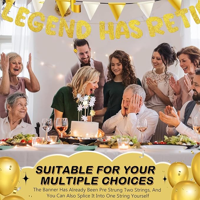 Fulmoon Pre Strung the Legend Has Retired Glitter Banner 9.8 ft Retirement Banner Retirement Party Decorations Garland Bunting for Men Women Gifts, No DIY(Gold)