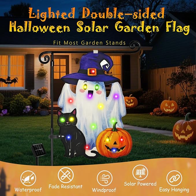 Lighted Shaped Halloween Garden Flags, 8 Modes Double-Sided Cute Solar Halloween Decorations Outdoor LED Flag, Yard Decorations for Patio Lawn Home Door Porch (Ghost Multicolor, 12x18)
