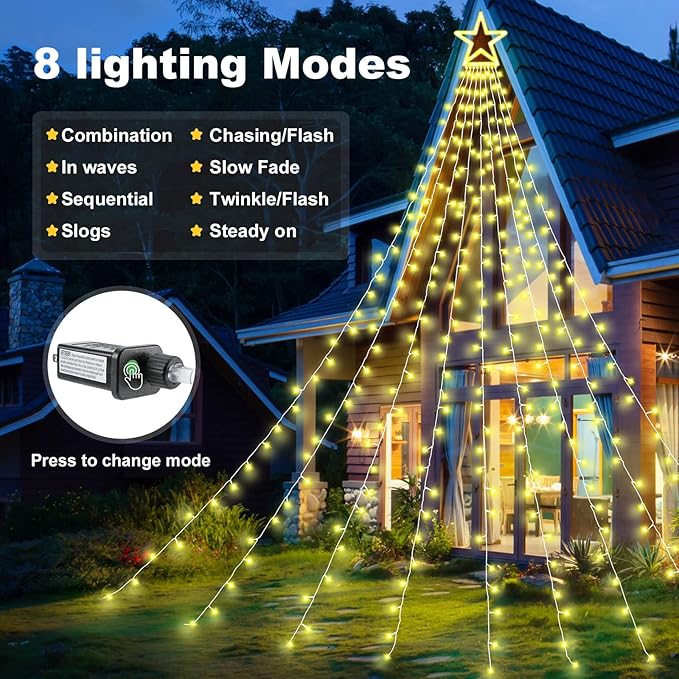 Christmas Decorations Outdoor, 11.5 ft 317 LED Star Christmas Tree Lights, 8 Memory Lighting Modes&Timer Star Light for Yard, Wedding, Party, Decorations（Warm