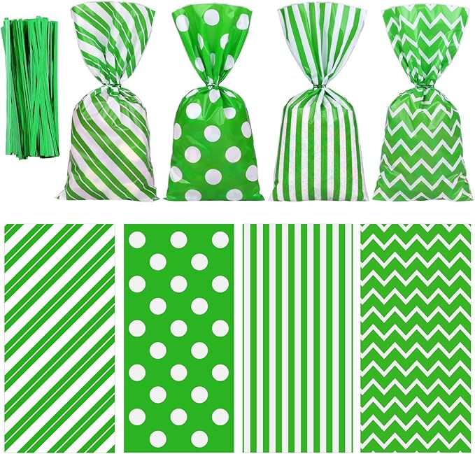Aneco 100 Pack Green and White Cellophane Bags 10.6 x 5.1 Inch Plastic Candy Bags Gift Bag Goodie Bag with Twist Ties for Valentine, Birthday, Gift Cookie Snack Packing Party Favor Supplies