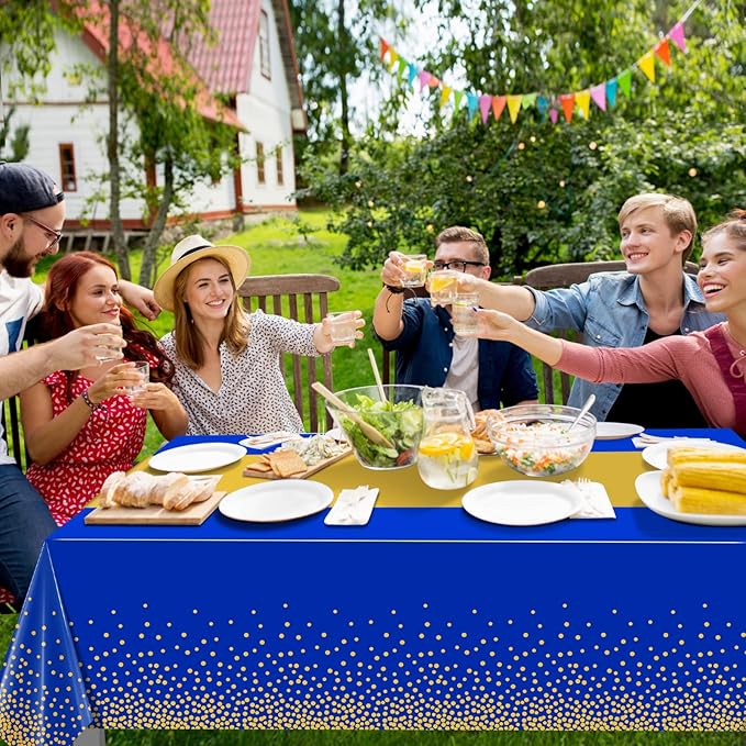 3Pcs Blue and Gold Tablecloth Party Decorations,Plastic Royal Blue Table Cloth Printed Gold Tables Runner Disposable Rectangle Table Cover for Birthday Anniversary Wedding Graduation Party,54 x108Inch