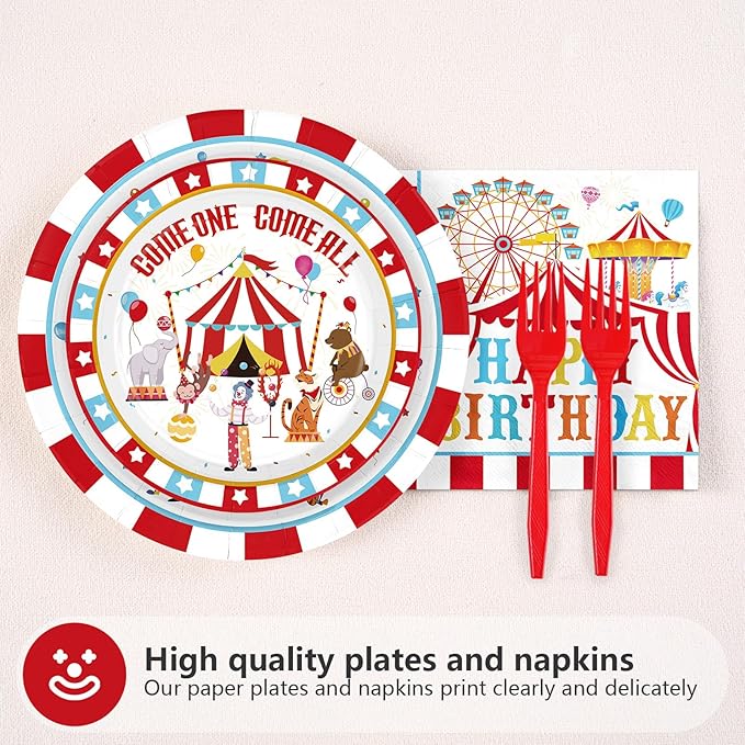 96Pcs Carnival Birthday Party Decorations Christmas Carnival Circus Birthday Plates and Napkins Tableware Sets Circus Theme Decoration Favor for Kids Boy Girls Xmas Bday Baby Shower Supplies Serves 24