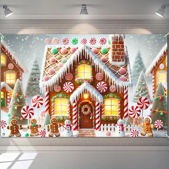 Christmas Banner Gingerbread House Peppermint Candy Cane Snowman Holiday Winter Wonderland Party Wall Decor Backdrop for Home Indoor Outdoor Photo Prop 71 X 43 Inches Large Banner