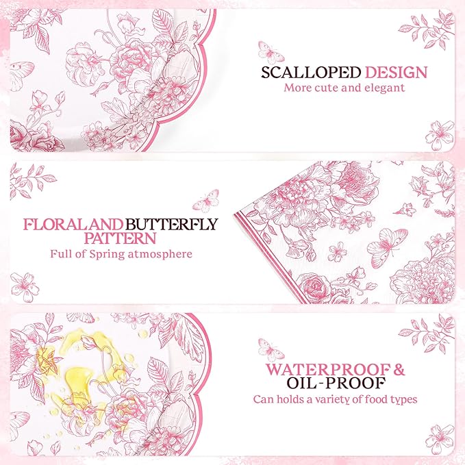 175 Pcs Pink Floral Plates and Napkins, 25 Guest Scalloped Vintage Floral Party Decorations Include Toile Plates Napkins Cups Cutlery for Mothers Day, Wedding, Bridal Baby Shower Tea Party