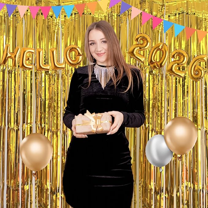 Gold Tinsel Backdrop Easter Decorations 3.3x8.2 ft, 2 Pack Foil Fringe Curtains for New Year, Photo Booth Props Door Streamers for St Patricks Day Birthday Thanksgiving Christmas Halloween Party