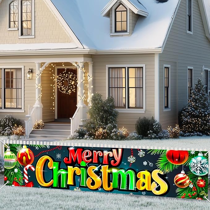 Merry Christmas Fence Banner with Ornaments and Candy Cane Decor 78 x 17 Inch Outdoor Holiday Yard Lawn Decoration Home Front Door Christmas Decoration